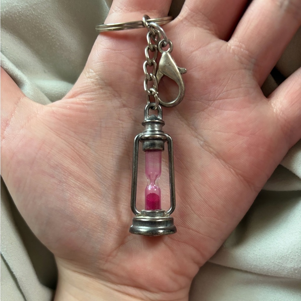 Silver Hourglass Keychain with Pink Sand